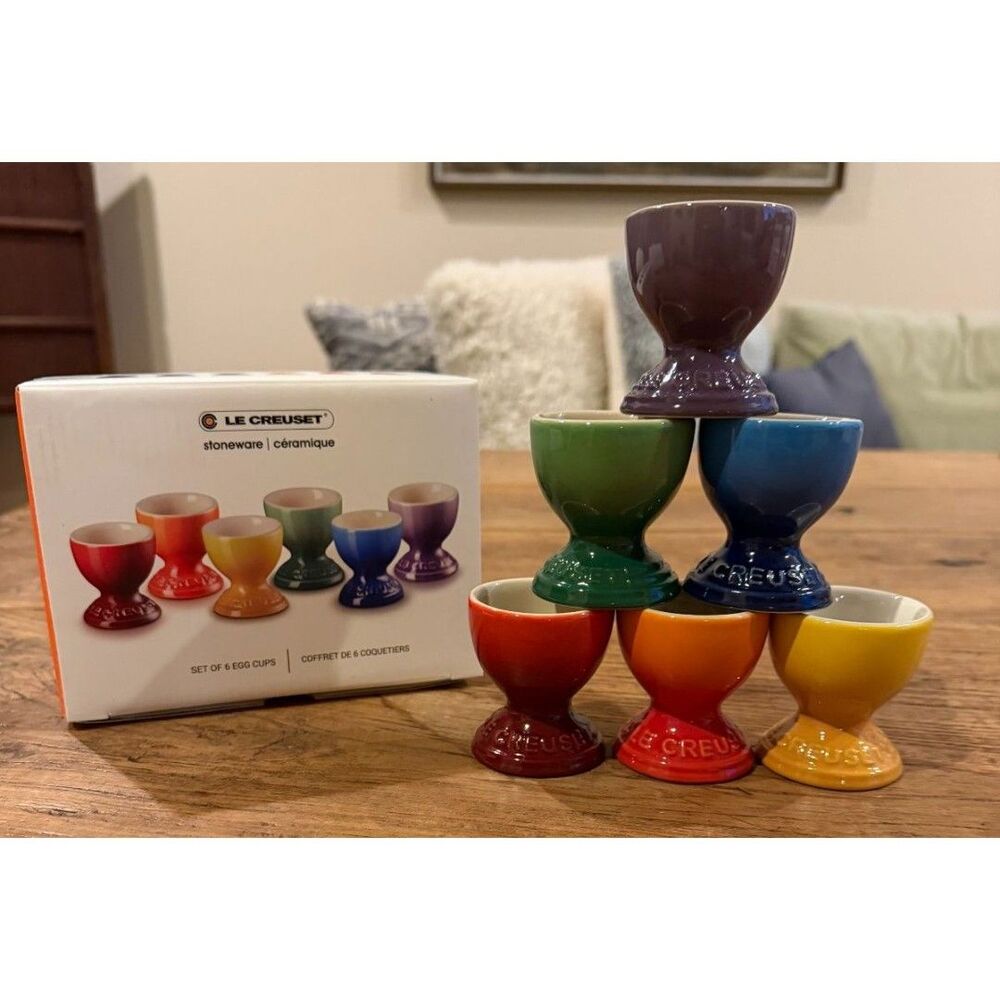 Le Creuset Stoneware Rainbow Multicolor Set of 6 Egg Cups NEW NIB